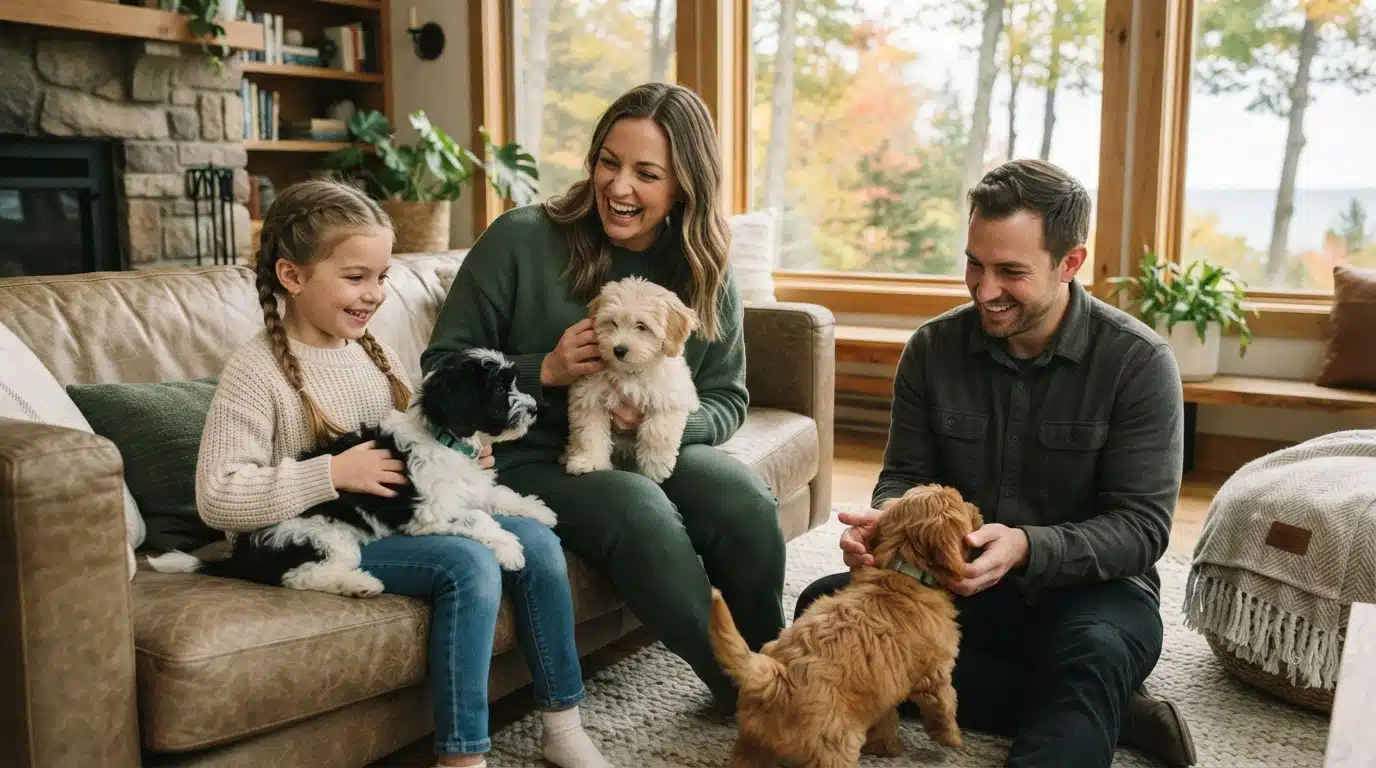 A happy family with three puppies in a cozy living room, selecting Michigan puppies for sale. The parents and daughter smile as they hold and pet their new furry friends near a large window with autumn foliage.