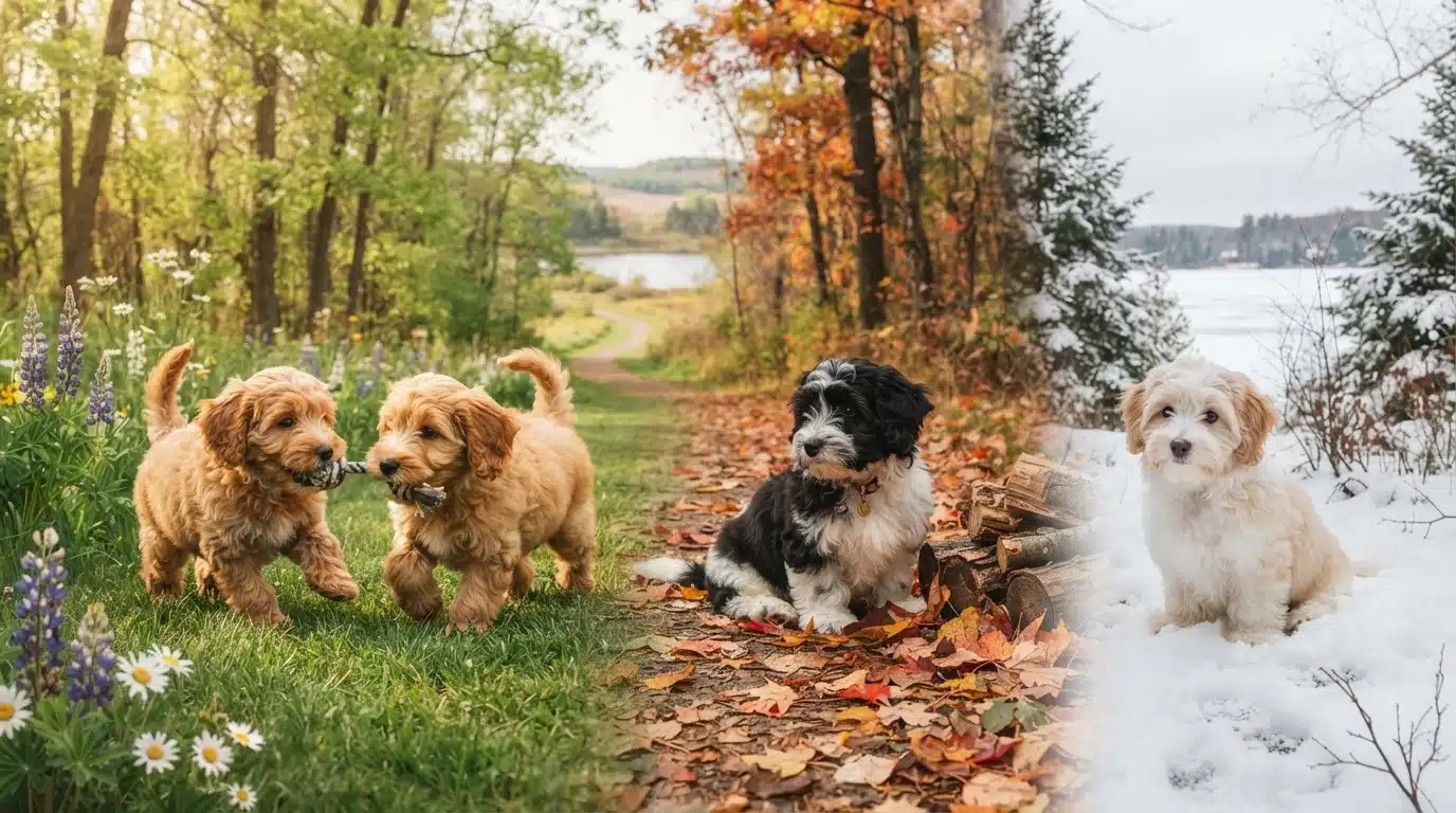 Three adorable puppies are showcased in a collage representing different seasons in Minnesota. Two golden puppies play with a toy in a spring meadow, a black and white puppy sits among autumn leaves, and a cream-colored puppy rests in the snow.