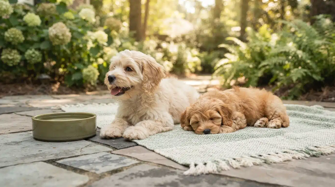 Two adorable Cavapoo puppies, one light cream and one golden, rest on a soft blanket outdoors on a sunny day. The cream puppy looks alert with its tongue out, while the golden puppy sleeps soundly. A water bowl sits nearby, hinting at the need for puppy care and hydration.