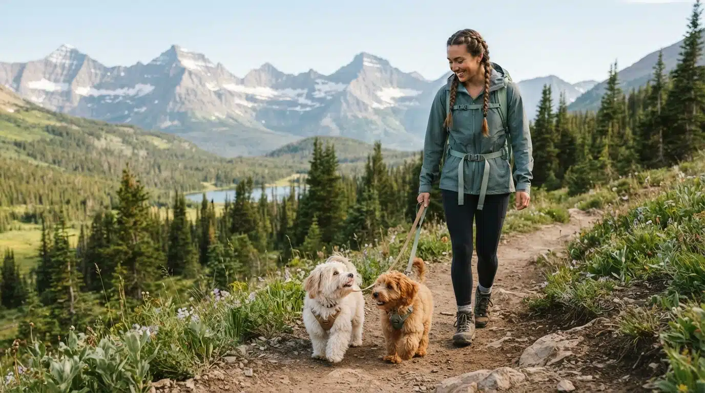 A woman hikes with two fluffy puppies on a mountain trail in Montana, surrounded by pine trees and snow-capped peaks. This scene captures the joy of choosing Montana puppies for an active home.