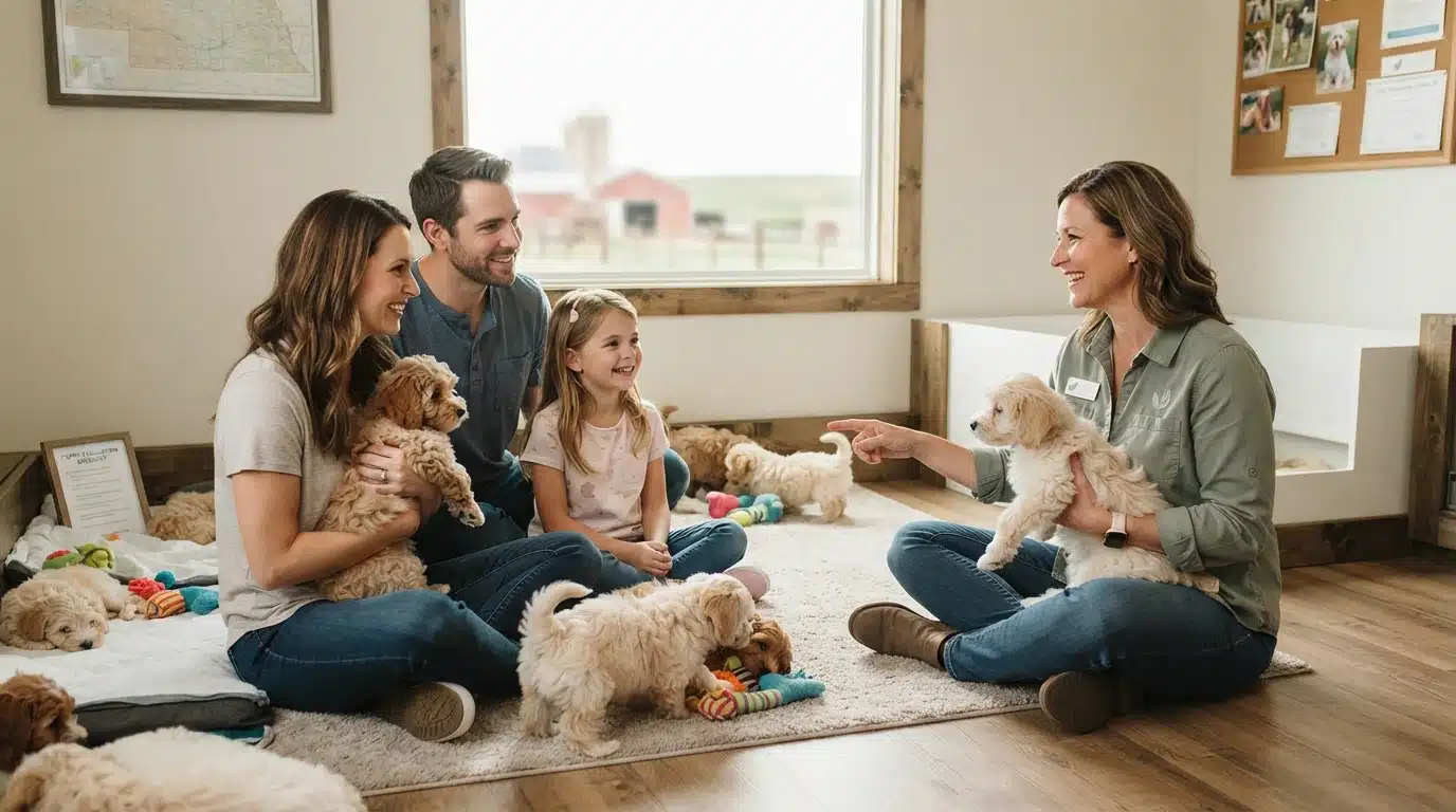 A family interacts with fluffy, light-colored puppies in a bright room, potentially at an ethical breeder in Nebraska. A woman points to a puppy held by a smiling breeder.