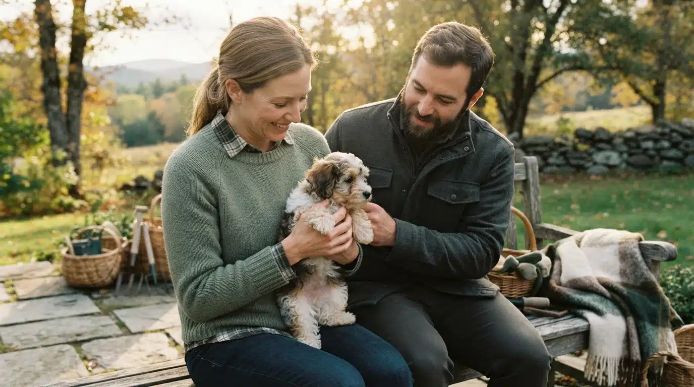 A smiling couple holds a fluffy, light brown and white puppy outdoors in New Hampshire, surrounded by autumn foliage and stone walls, suggesting local puppy adoption.