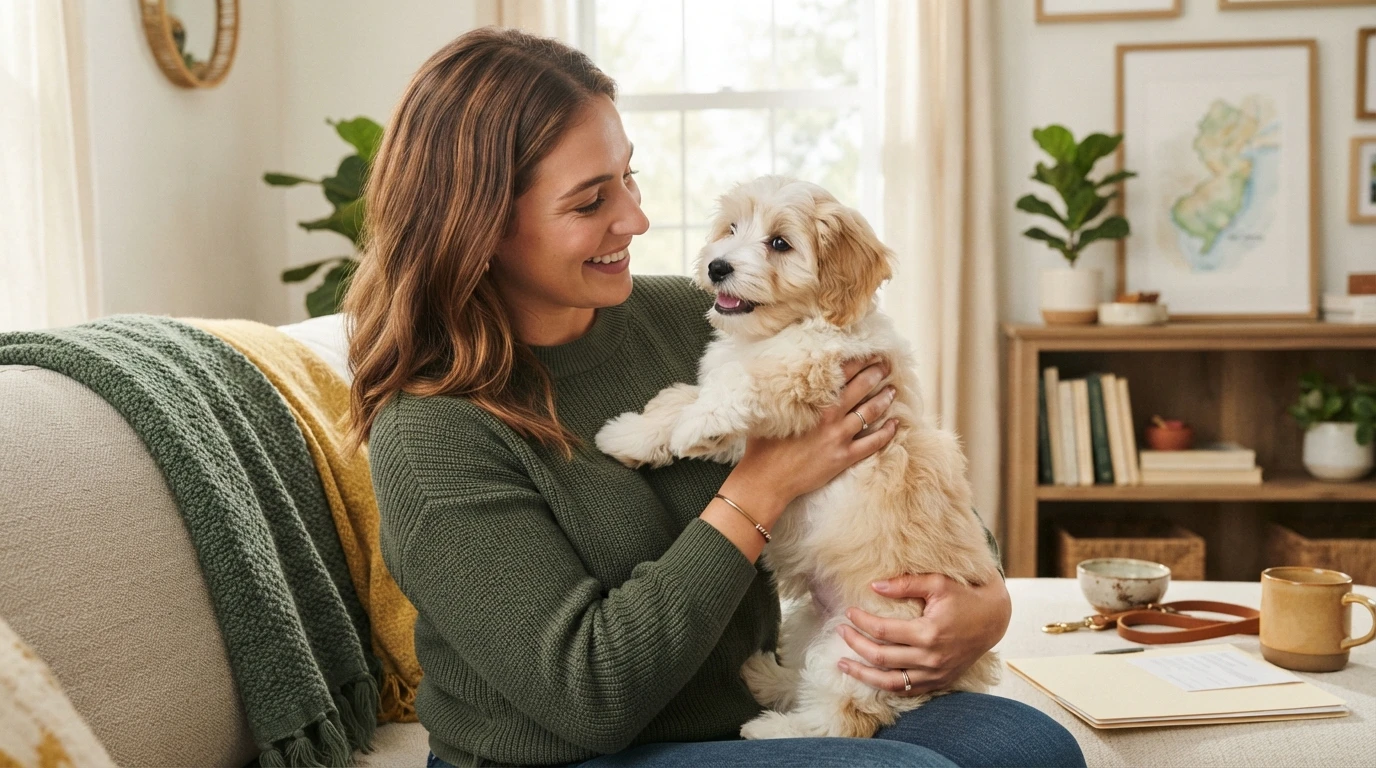 A woman in a green sweater holds a light-brown puppy on her lap in a living room.