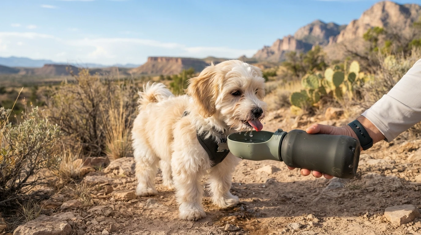 A light-colored puppy wearing a black harness drinks from a portable water bottle on a rocky desert trail.