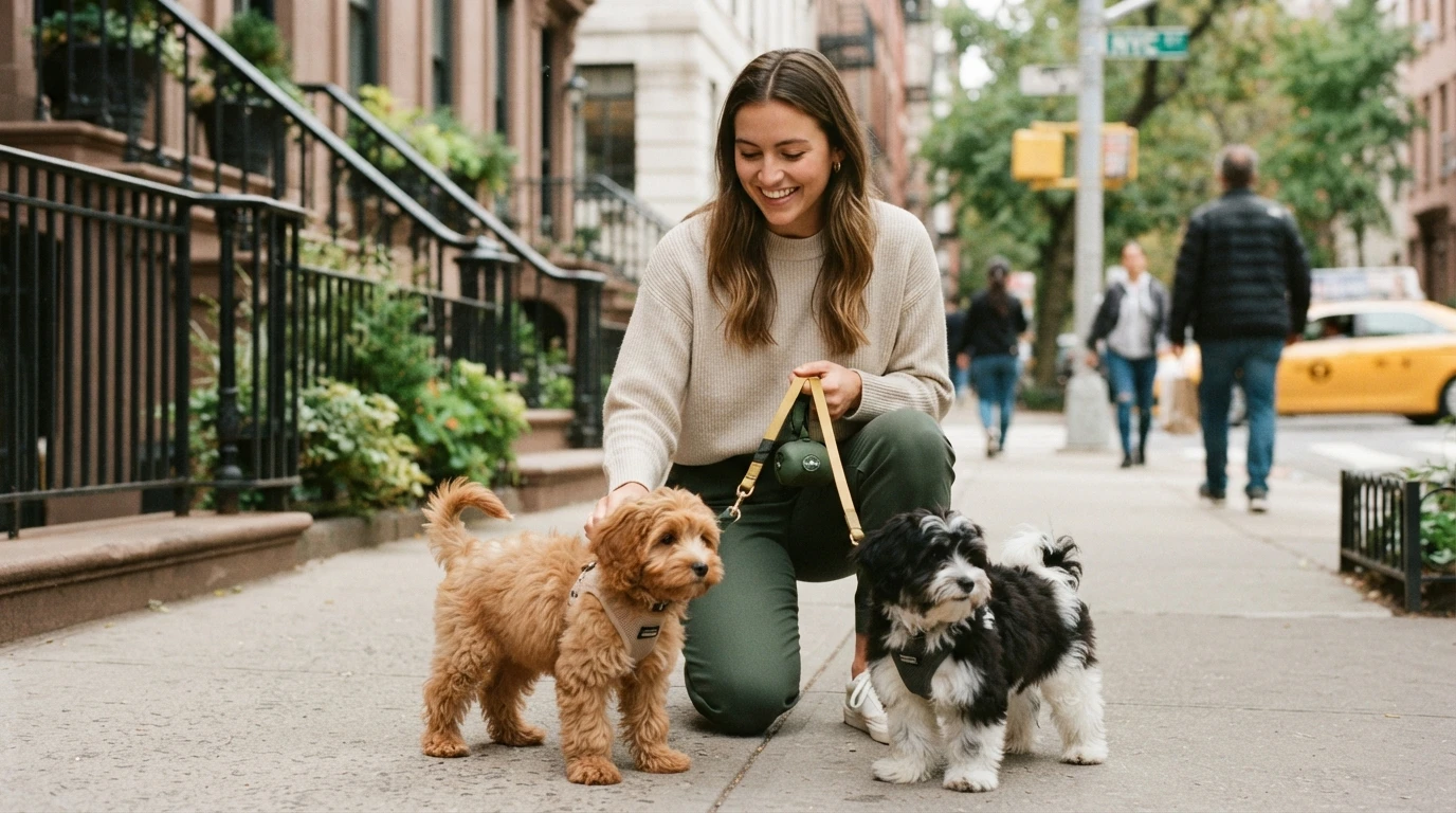 A smiling young woman kneels on a New York City sidewalk, petting two adorable puppies, a golden doodle and a fluffy black and white mixed breed, with a yellow taxi in the blurred background.