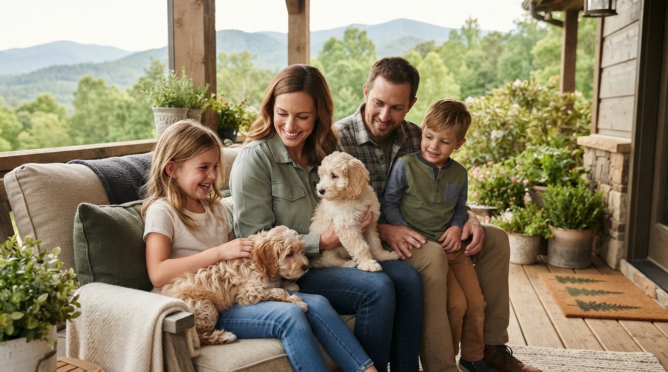 A happy family with two young children and two fluffy puppies on a porch in North Carolina, surrounded by lush greenery and mountains.