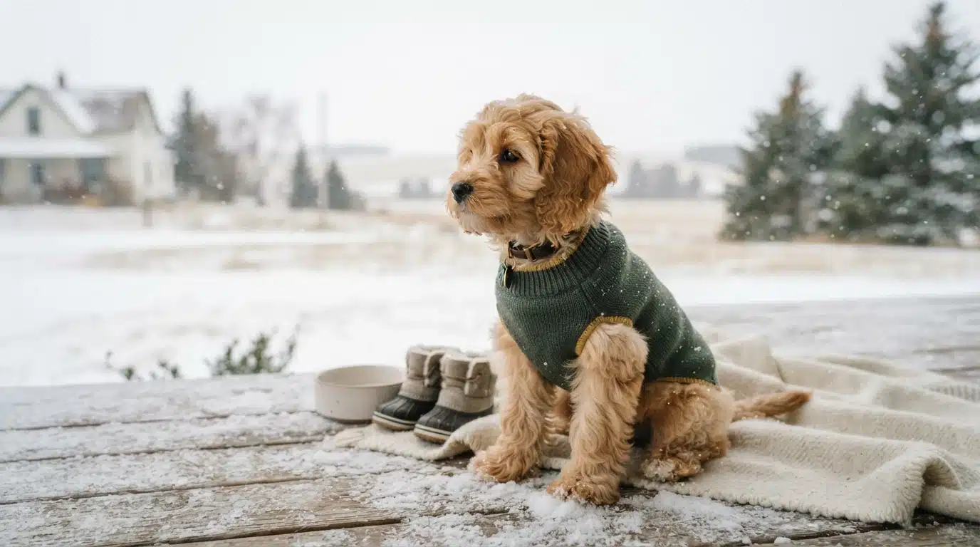 Fluffy golden doodle puppy wearing a green sweater sits on a snowy porch next to tiny boots, ready for North Dakota cold-weather puppy care.