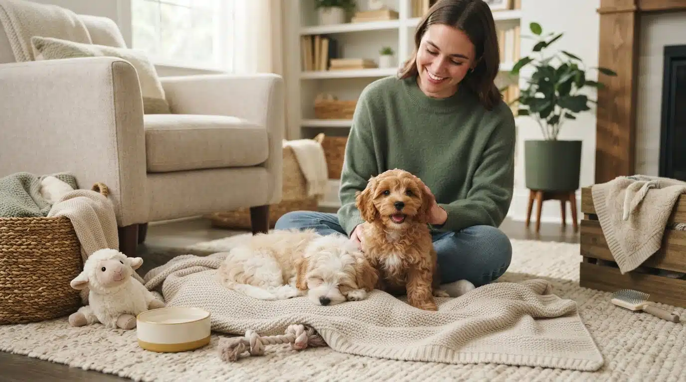 A smiling woman in a green sweater gently pets two adorable small breed puppies, a golden-brown one sitting alert and a lighter tan one sleeping, on a cozy rug in a sunlit living room, highlighting caring for new small breed puppies.