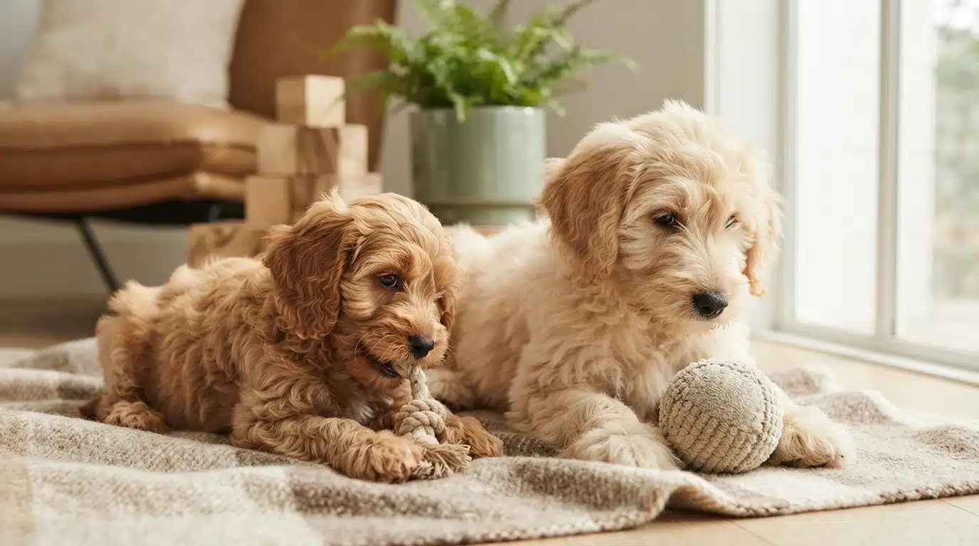 Two adorable puppies, a Cavapoo and a Goldendoodle, lie on a cozy blanket, one chewing a rope toy and the other with a textured ball. Their fluffy coats and sweet expressions are highlighted in soft, natural light, perfect for a comparison review.