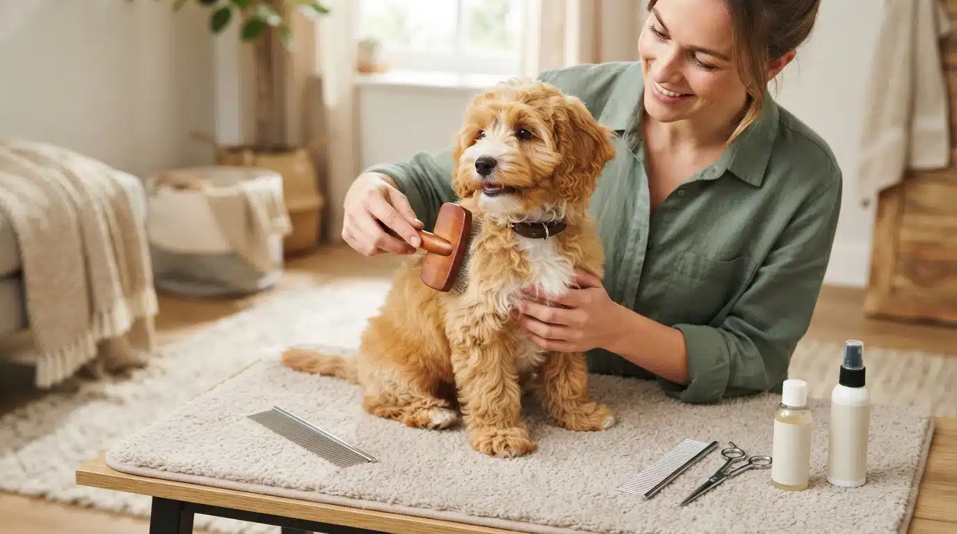 A smiling woman gently brushes a fluffy, light brown Havapoo puppy's fur with a grooming brush, surrounded by essential grooming tools like combs and scissors.
