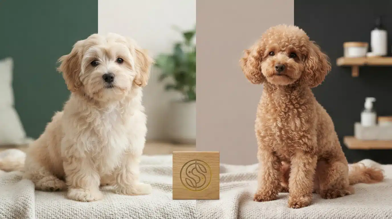 A fluffy cream-colored Havanese puppy sits on the left, and a curly-haired apricot Poodle puppy sits on the right, both looking forward. A small wooden block with a logo sits between them, suggesting a comparison of hypoallergenic traits.