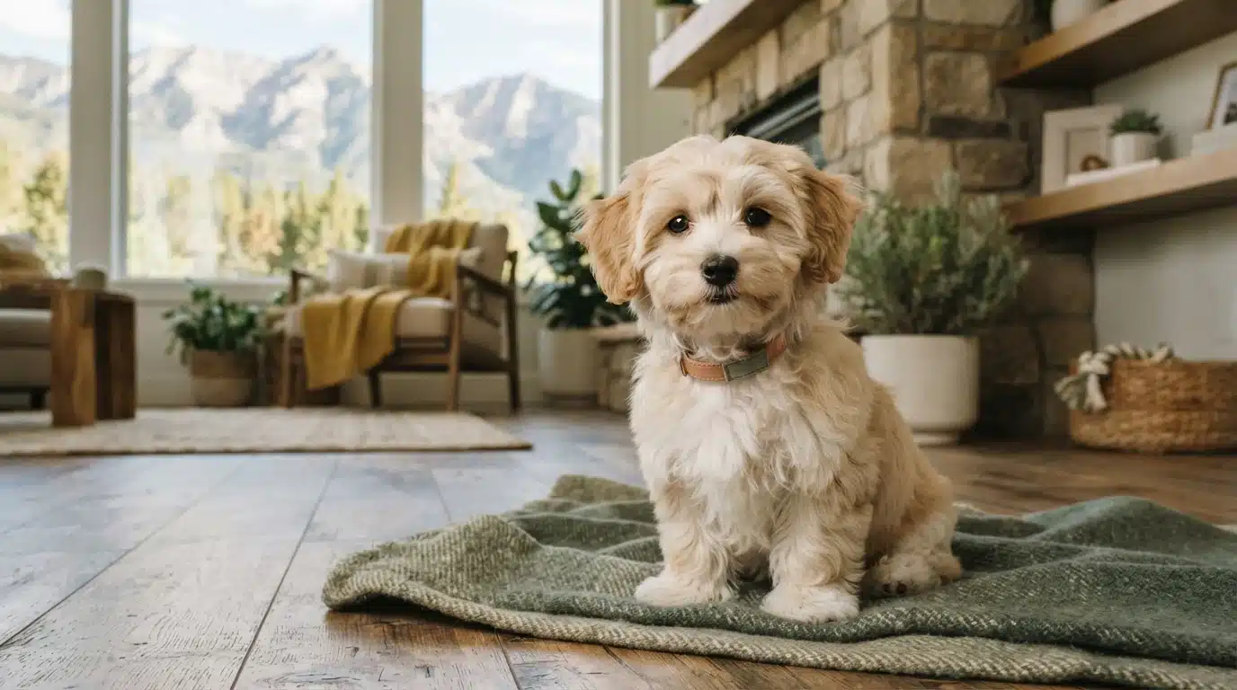 A fluffy, light-brown Havanese puppy with bright eyes sits on a green blanket in a cozy living room, with a mountain view visible through the window.