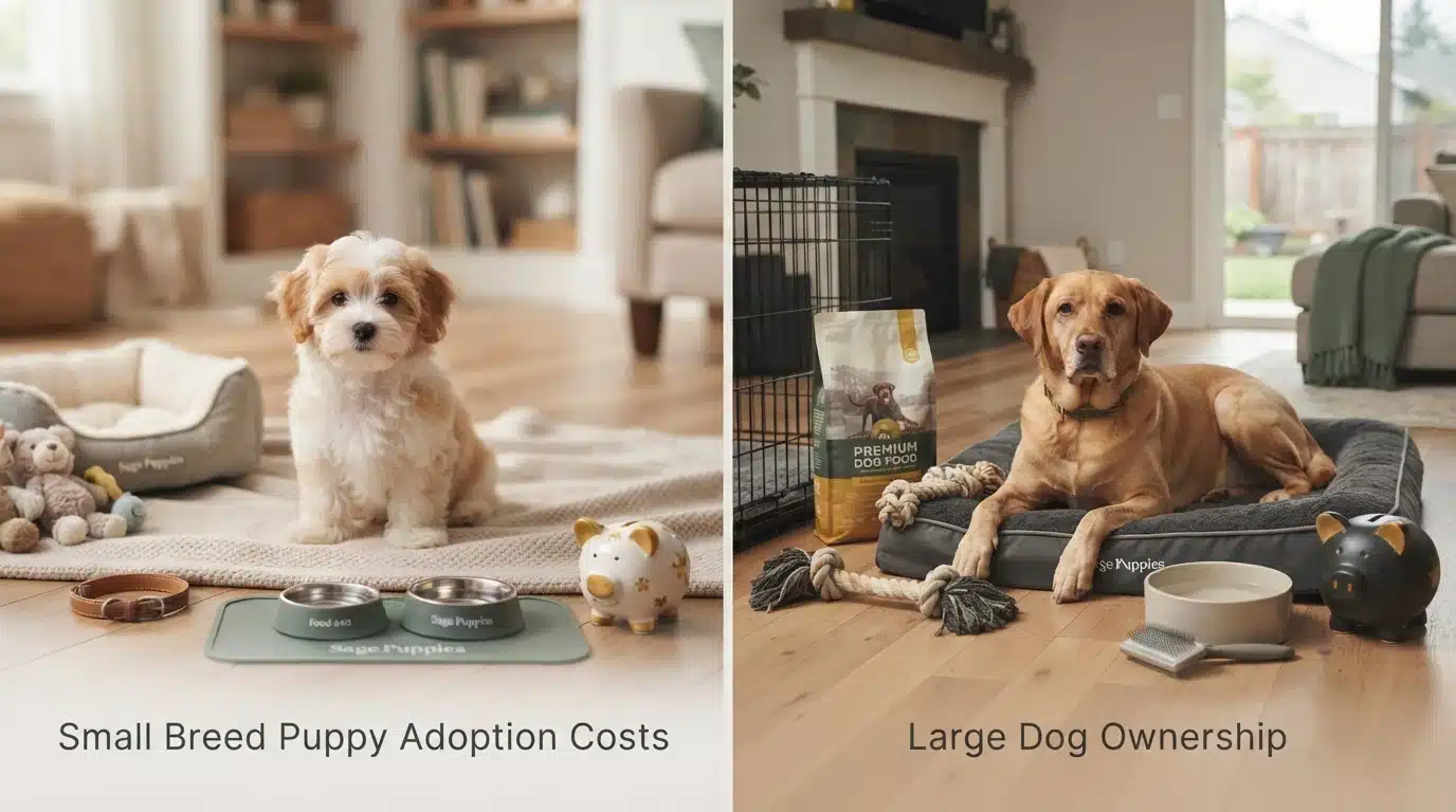 A fluffy white and tan small breed puppy sits on a rug with toys and food bowls, contrasted with a large golden retriever resting on a bed near a crate and dog food bag, illustrating small breed puppy adoption costs vs. large dog ownership.