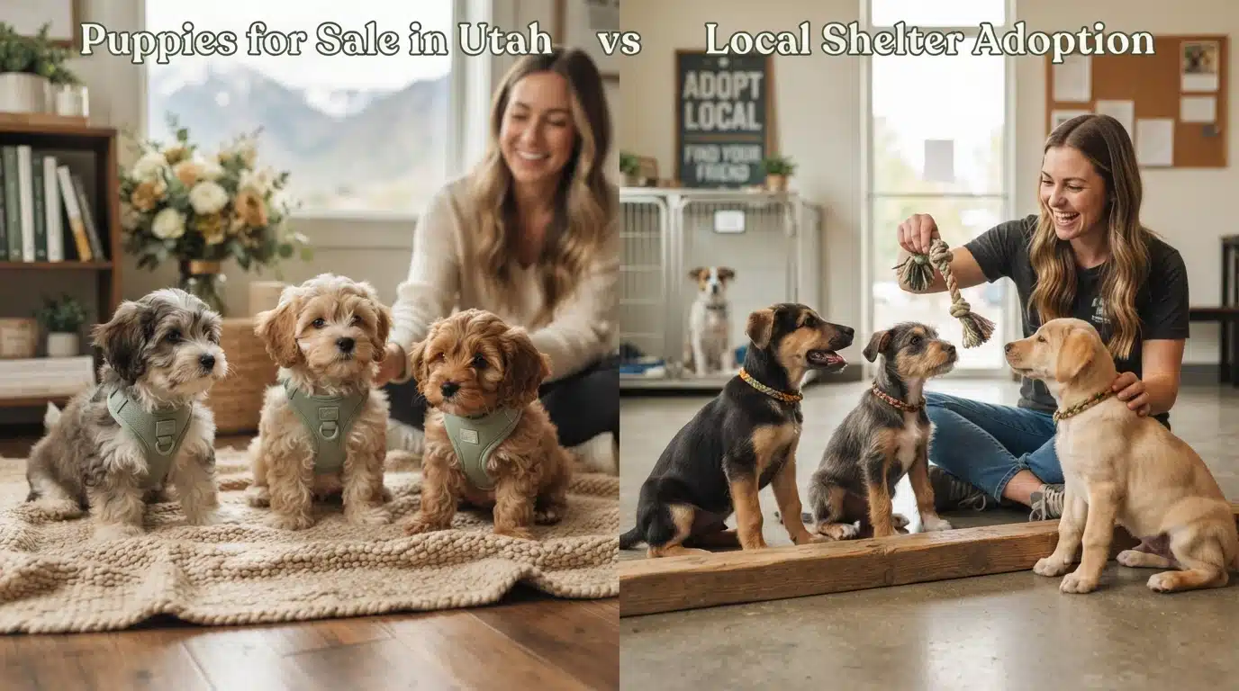 Split image comparing puppies for sale in Utah at home with a woman and fluffy puppies, versus local shelter adoption with a woman playing with rescue dogs in a shelter setting.