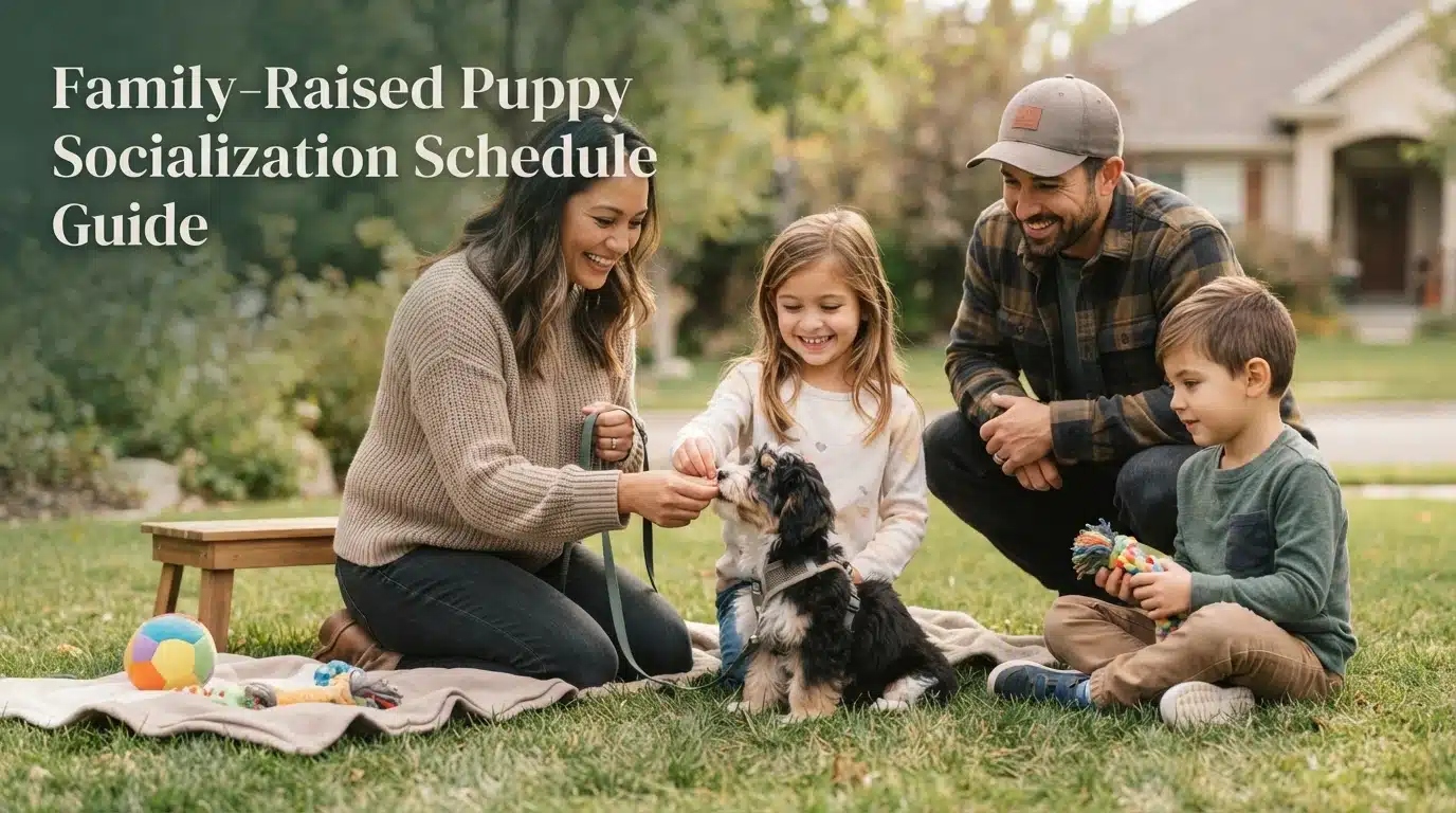 A happy family, including parents and two young children, are engaged in positive puppy socialization with a fluffy, tri-colored dog on a sunny lawn. The text "Family-Raised Puppy Socialization Schedule Guide" is superimposed on the image.