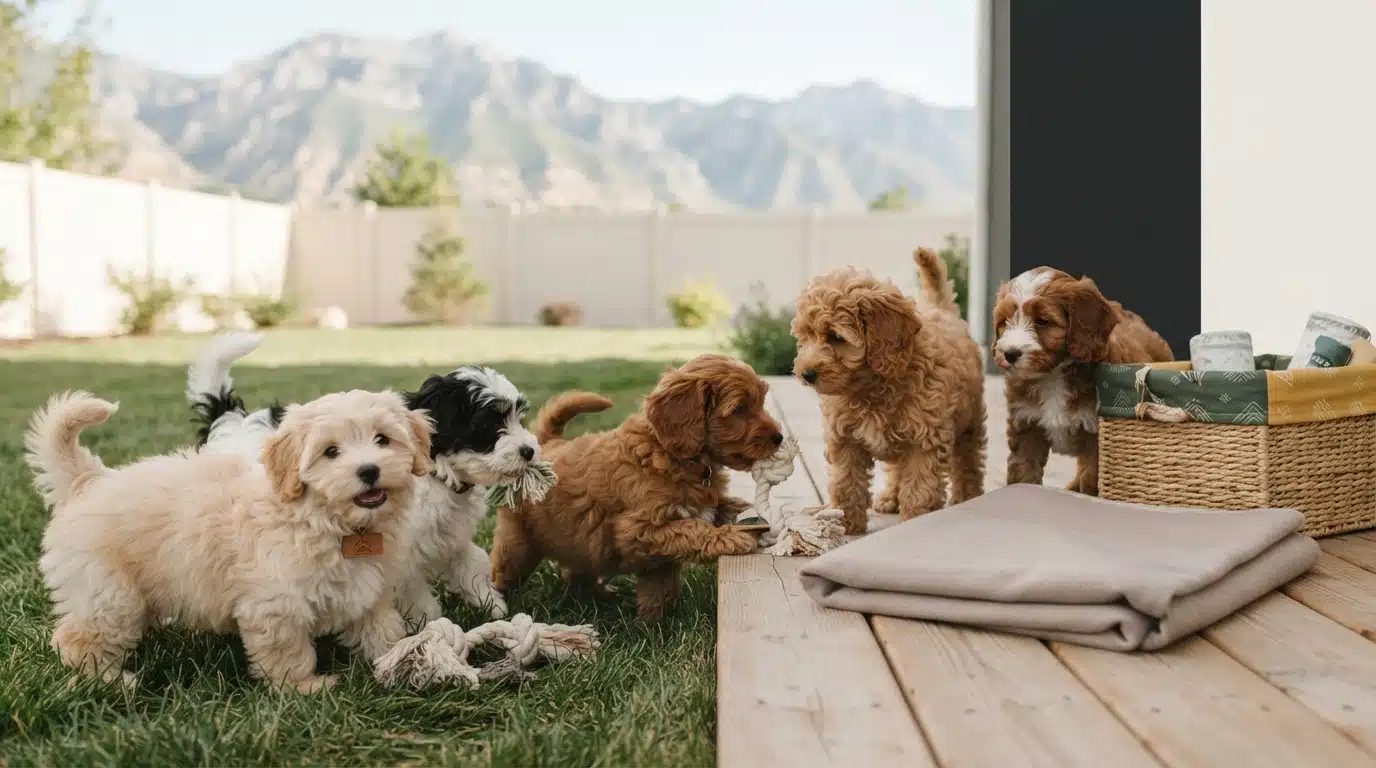 Adorable fluffy puppies, including golden doodle and bernedoodle breeds, play on a sunny lawn with a Utah mountain backdrop. A basket with blankets sits on a wooden deck.