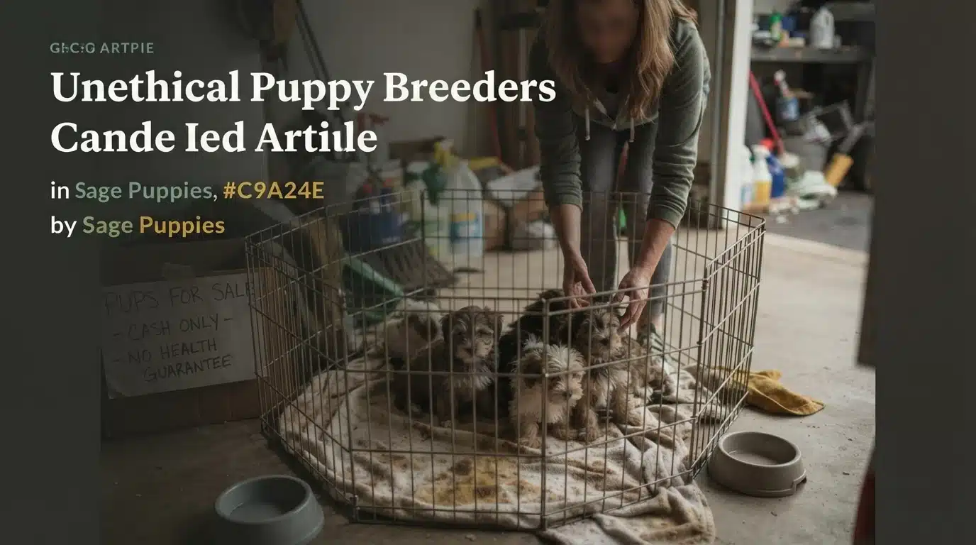 A woman tends to several small, fluffy puppies in a wire crate, with a sign reading "PUPS FOR SALE - CASH ONLY - NO HEALTH GUARANTEE" visible. This scene highlights red flags for unethical puppy breeders.