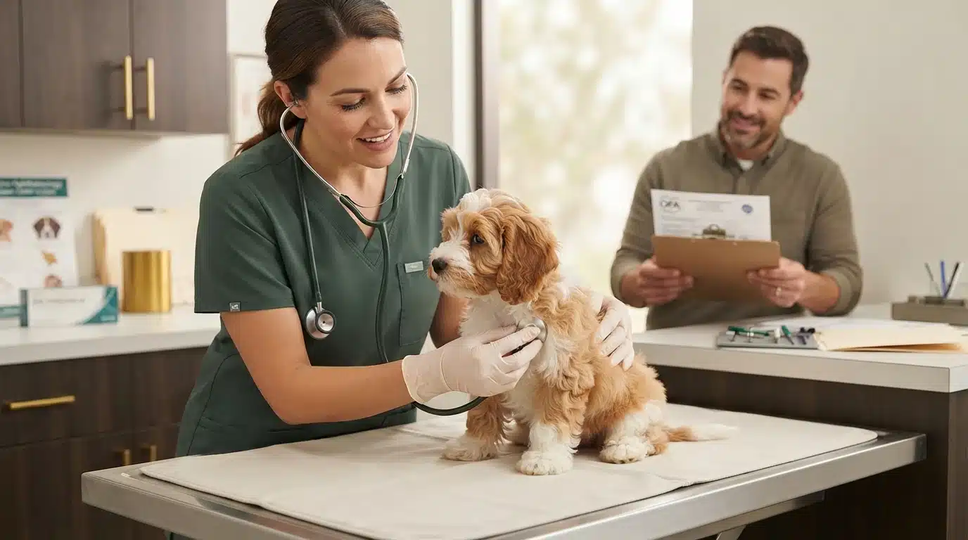 A veterinarian in green scrubs and gloves listens to a fluffy, light brown and white Cavalier King Charles Spaniel puppy's heart with a stethoscope. A man smiles in the background, holding papers, in a bright, modern veterinary clinic, suggesting health tests for puppies.