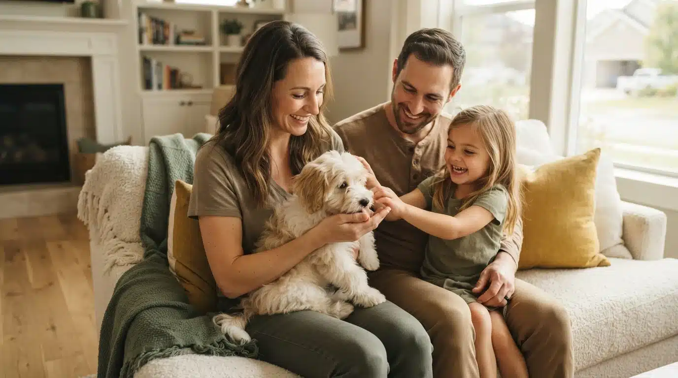 A happy family, parents and a young daughter, cuddles a fluffy white puppy on a sofa, hinting at finding family-raised puppies for sale.