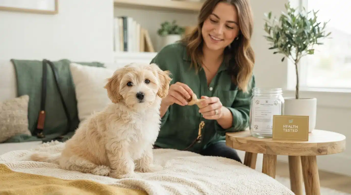 A fluffy, light-colored puppy sits attentively on a blanket, looking towards the camera. A smiling woman in a green shirt offers a treat, with a "Health Tested" sign and a jar on a wooden table nearby, suggesting health-tested puppies for sale.