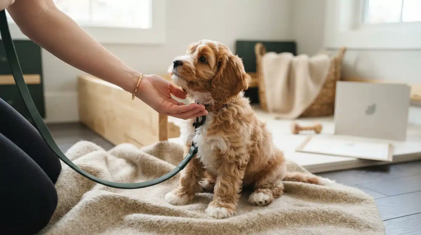 A fluffy, light brown Cavapoo puppy with white markings sits on a blanket, looking up at a person's hand gently petting its head. A leash is attached to its collar.
