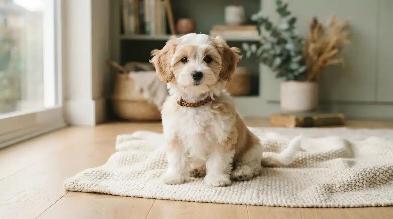 Adorable Havanese puppy with fluffy cream and tan fur sits on a textured rug, looking curiously at the camera. A cozy home interior with bookshelves and plants is visible in the background.