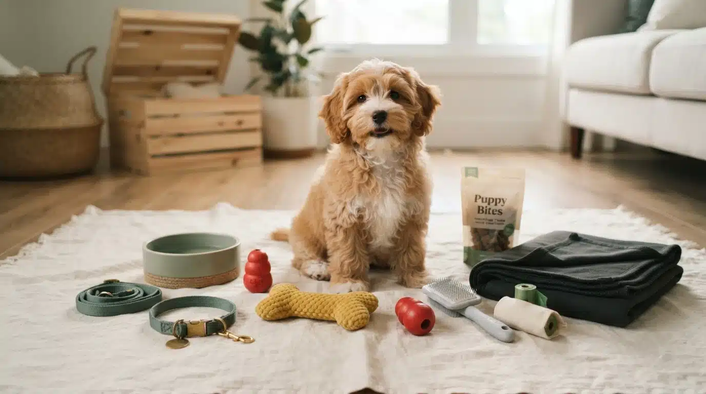 A fluffy, light brown Havapoo puppy sits on a rug surrounded by essential items for new puppy owners, including a food bowl, chew toys, a collar, a brush, and a bag of "Puppy Bites" treats.