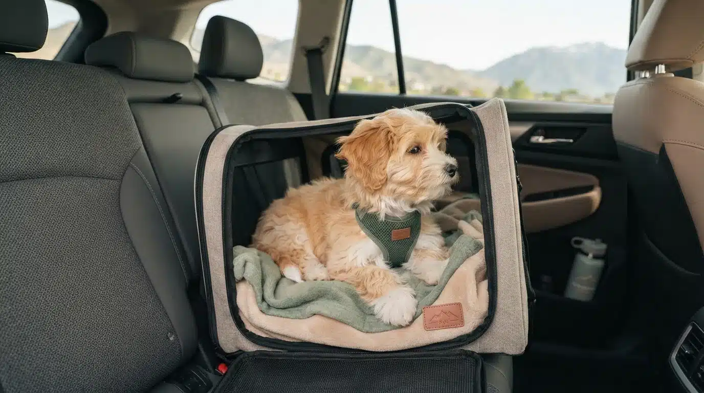 Fluffy golden doodle puppy in a soft carrier in the back seat of a car, ready for transport. Mountains visible through the car windows.