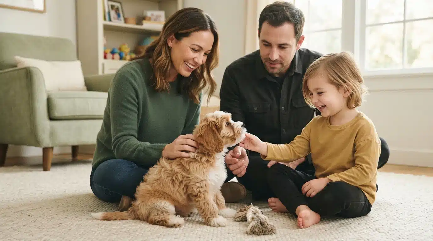 A happy family with a young child plays with a fluffy, light brown family-raised puppy on a rug in a bright living room.