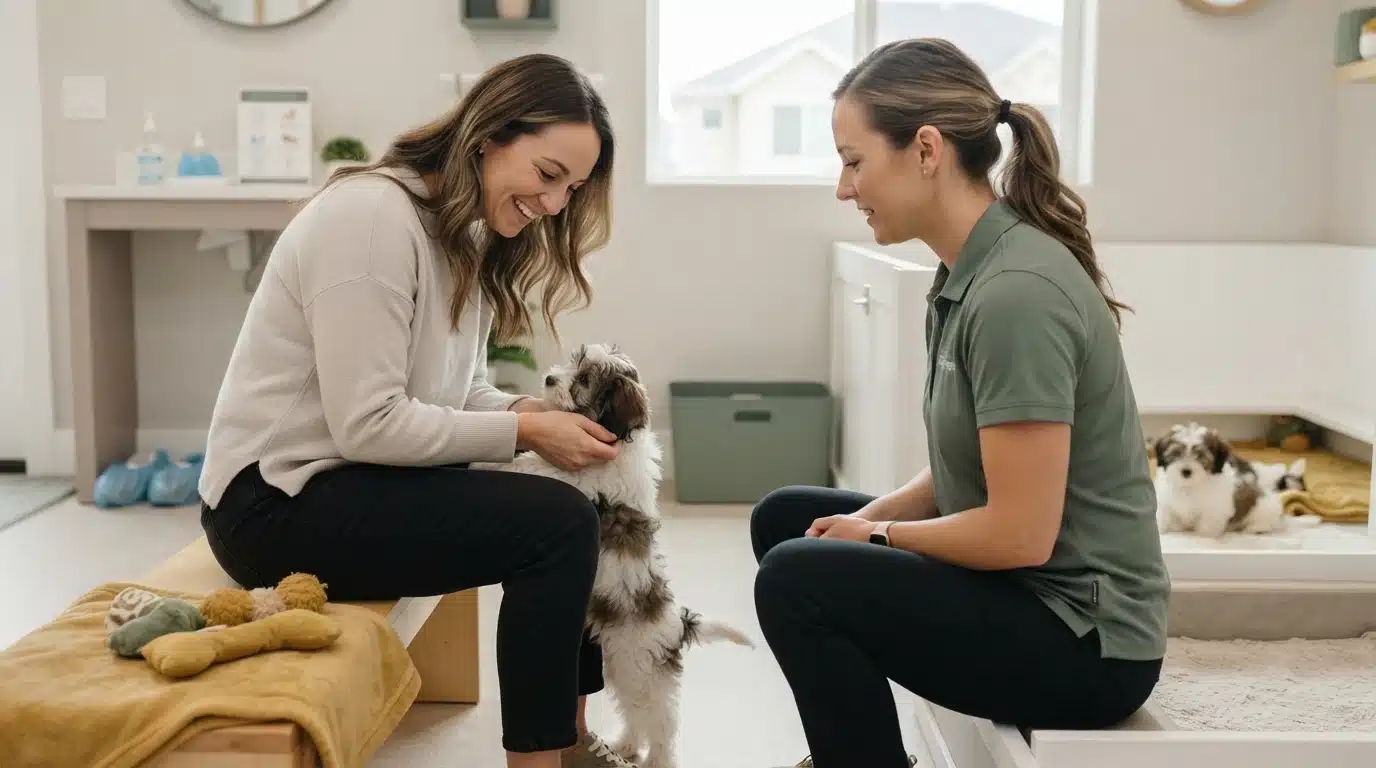 A woman visiting a reputable puppy breeder interacts with a fluffy bernedoodle puppy, while a breeder in a green polo shirt observes. Other puppies rest in whelping boxes in the background.