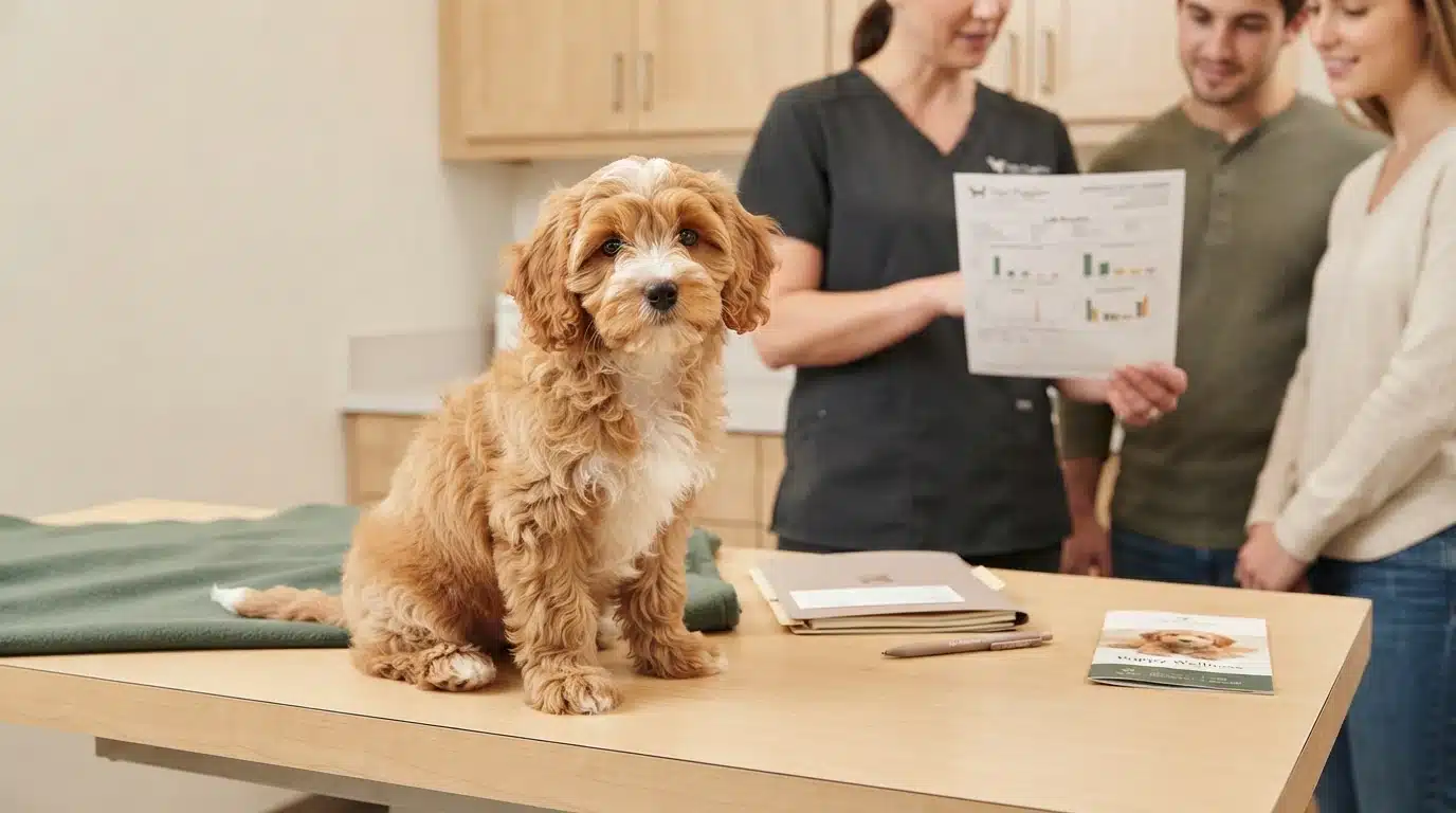 A fluffy, light brown Cavapoo puppy sits attentively on a wooden table, with a veterinarian and a couple looking at lab results in the background, suggesting health-tested puppies for sale.