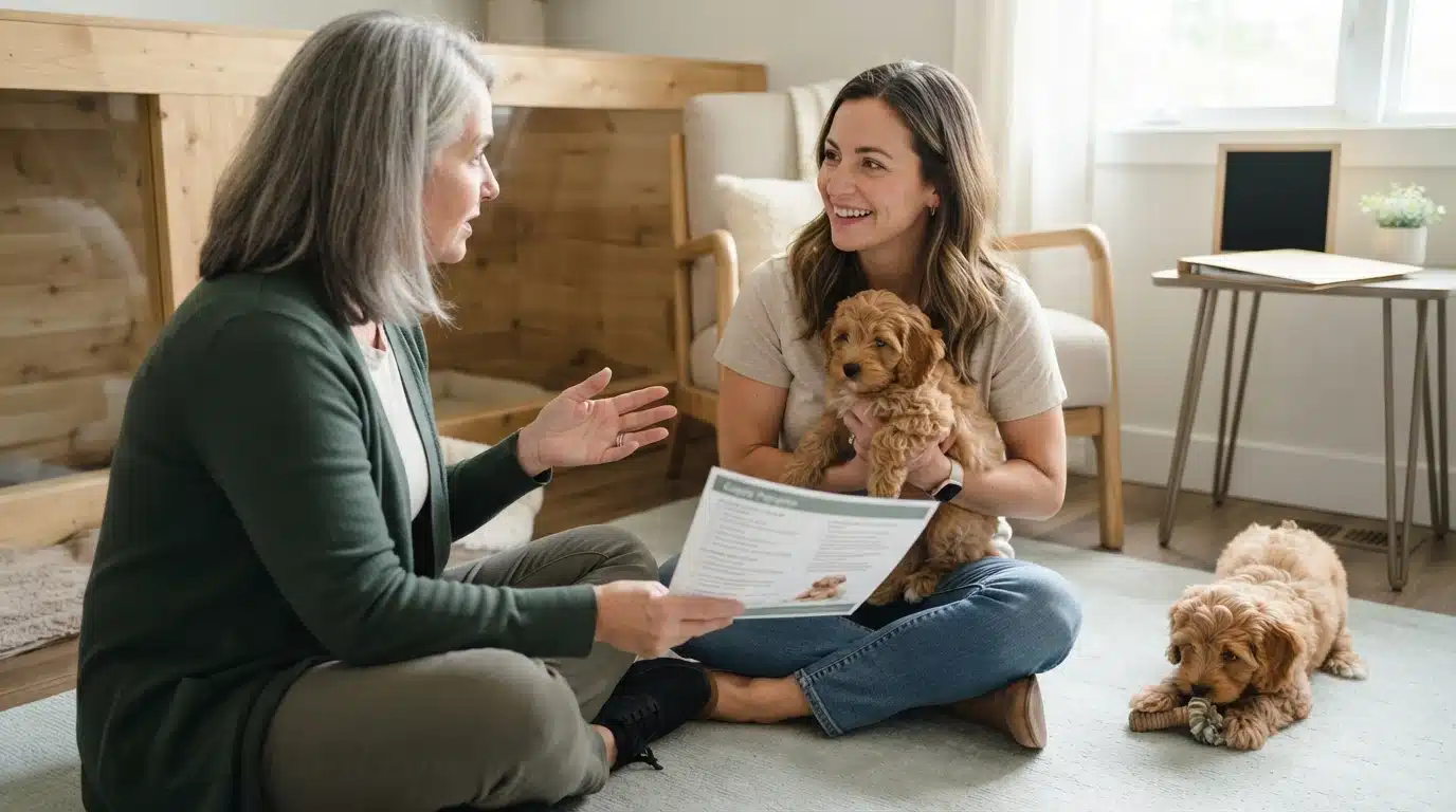 A woman with grey hair sits on the floor, discussing a document with a younger woman holding a fluffy Cavapoo puppy. Another Cavapoo puppy chews a toy nearby, with a whelping box in the background.