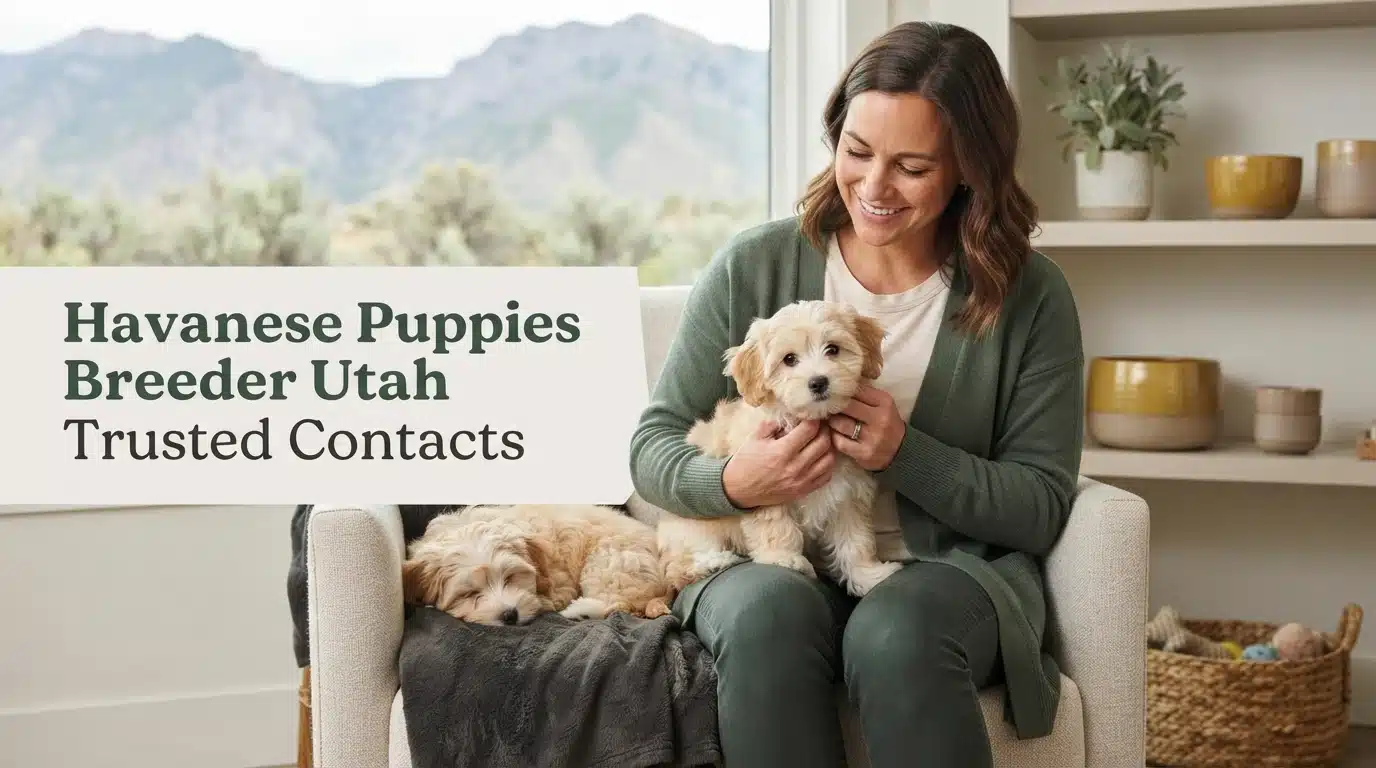 A smiling woman in Utah holds a fluffy Havanese puppy, with another puppy sleeping beside her on a cozy chair. Mountains are visible through the window, hinting at a trusted Havanese puppies breeder.
