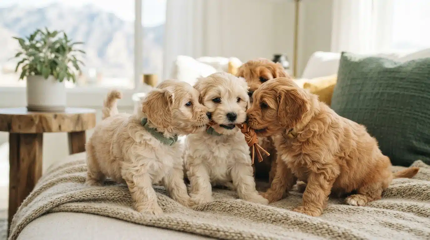 Four adorable Havapoo puppies, two light cream and two golden, play together on a textured blanket indoors, one chewing a toy. Mountains visible through window in background.