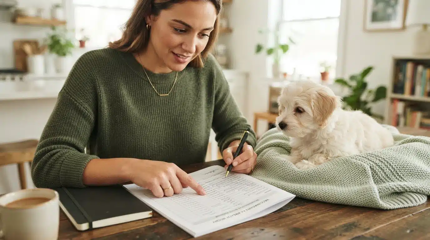 A woman in a green sweater reviews a puppy vet record at a wooden table, with a fluffy white puppy looking on from a cozy blanket beside her.
