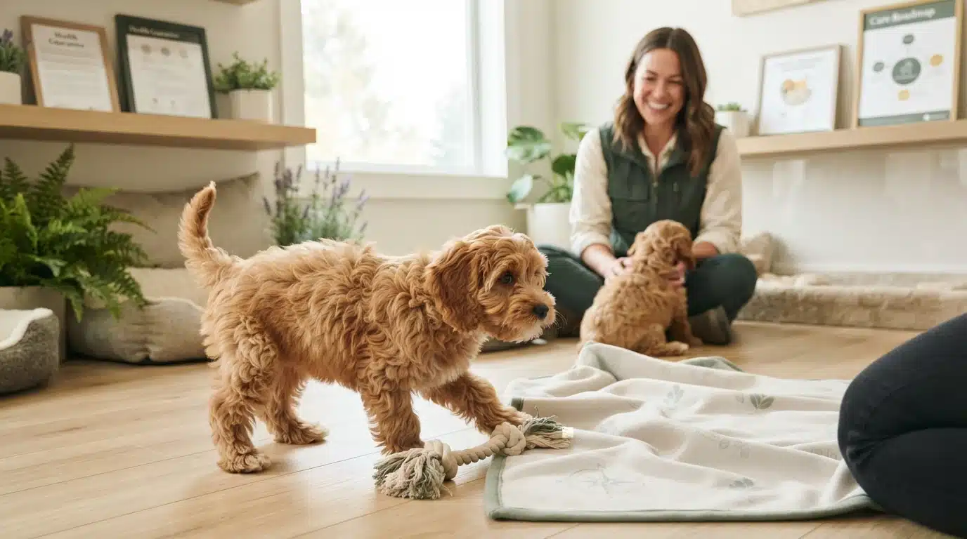 Two fluffy, golden Cavapoo puppies play with a rope toy on a light wooden floor, while a smiling woman watches them in a bright, modern room. This image relates to finding a reputable Cavapoo breeder.