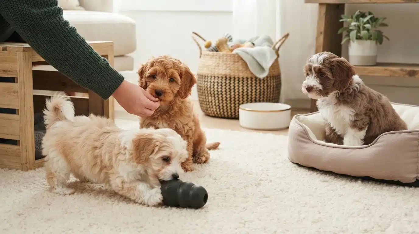 Three adorable small breed puppies, two golden and one brown and white, interact in a cozy living room. One puppy chews a toy, another receives a treat from a hand, and a third sits in a dog bed, illustrating care for small breed puppies.