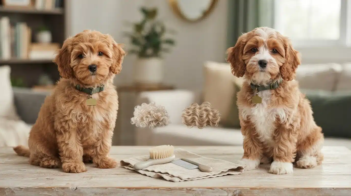 Two adorable, fluffy golden-brown puppies, one a Havapoo and the other a Cavapoo, sit on a wooden table with grooming tools, showcasing their different coat textures for a comparison.