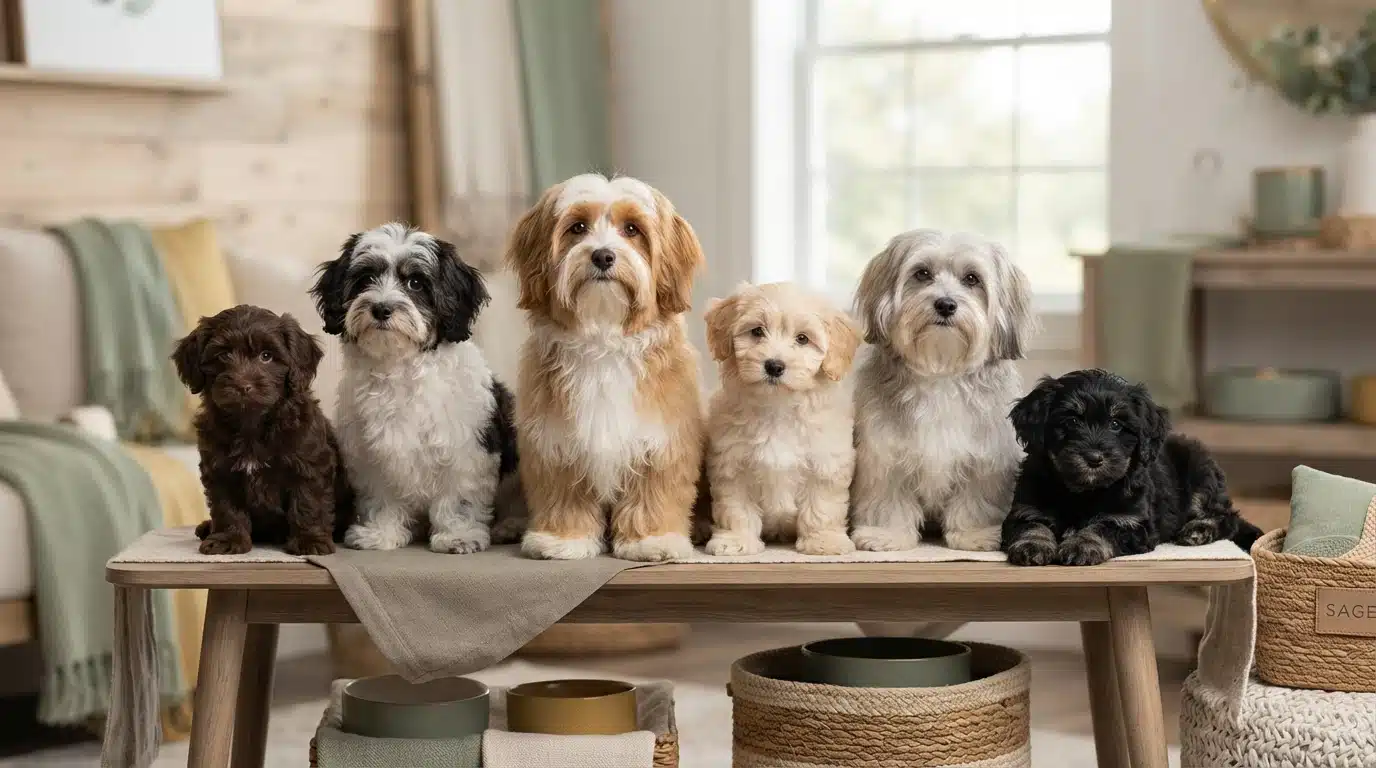 A line of six Havanese puppies in various coat colors, including chocolate, black and white, tan and white, and cream, sit on a wooden bench in a bright, cozy living room.