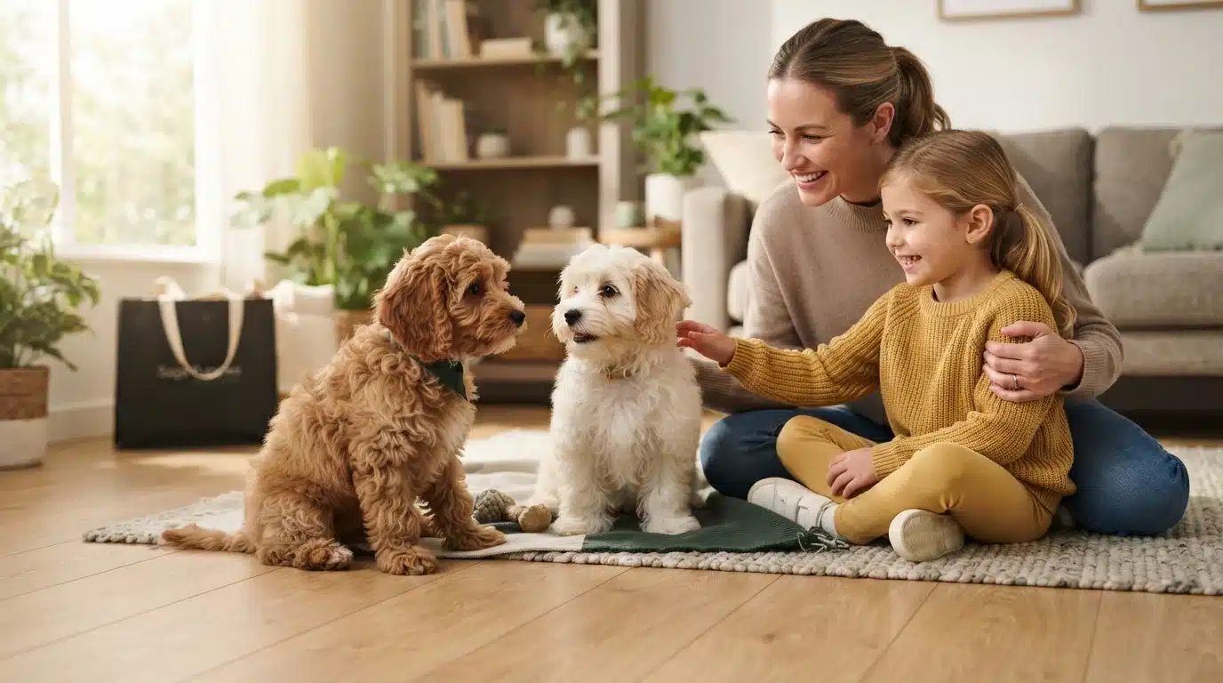 A woman and child sit beside two small curly-coated dogs on a living-room rug.