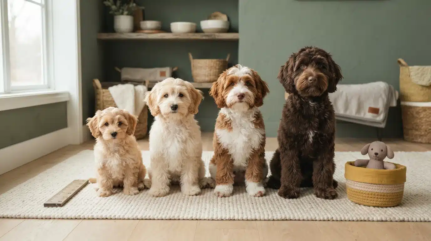 Four curly-coated dogs of different sizes sit on a rug beside a ruler and toy basket.