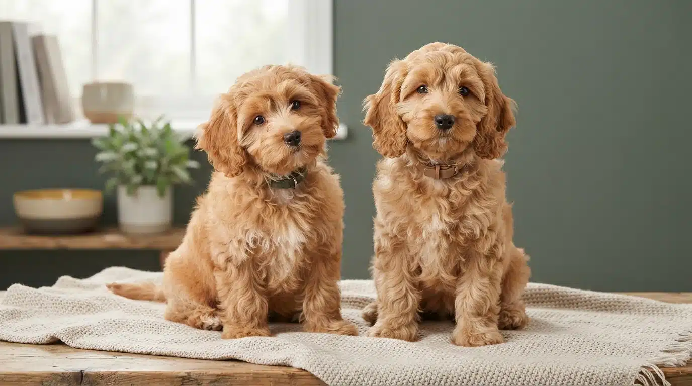Two fluffy, golden-brown Havapoo and Cockapoo puppies sit side-by-side on a textured blanket, looking attentively forward. Their curly coats and sweet expressions are highlighted against a muted green wall and a blurred background with a window and plants.