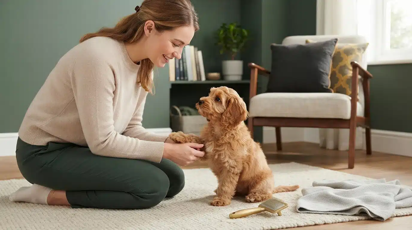 A woman sits on a rug facing a small apricot curly-coated puppy, with a grooming brush beside them.
