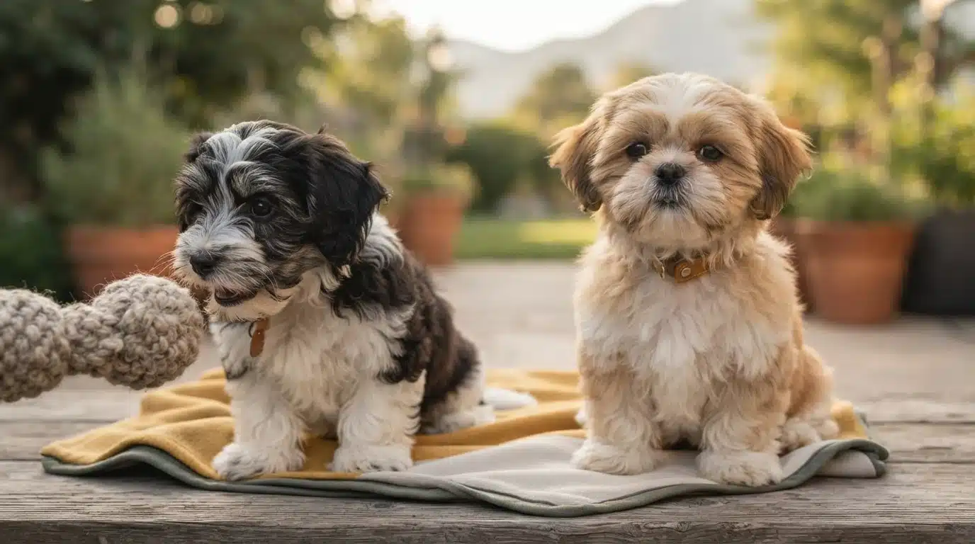 Two fluffy puppies, a black and white Havanese and a tan Shih Tzu, sit side-by-side on a blanket outdoors, ready for playtime.
