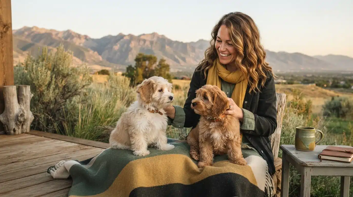 A smiling woman sits on a porch with two fluffy puppies, one light tan and one golden brown, in a scenic Utah landscape with mountains in the background. Buying puppies in Utah can lead to moments like this.