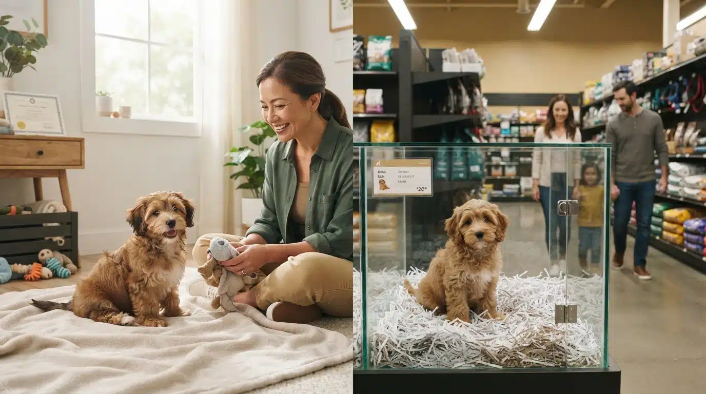 A happy woman plays with a fluffy puppy on a blanket at home, contrasting with a sad puppy in a glass enclosure at a pet store, with a family in the background.