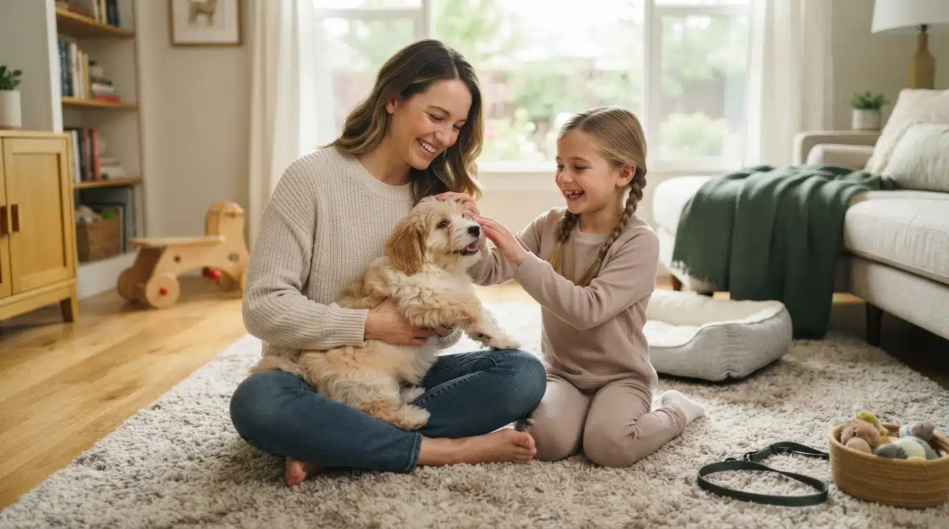 Adult and child sitting on a living-room rug with a cream-colored puppy.
