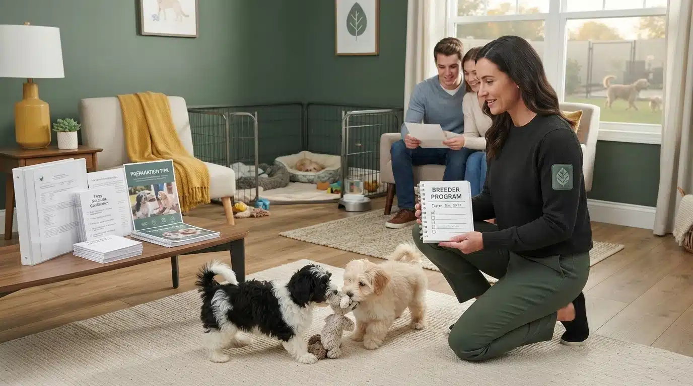 A woman shows a "Breeder Program" checklist to a couple in a cozy living room, while two fluffy puppies play with a toy in the foreground. This scene relates to choosing a reputable puppy breeder.