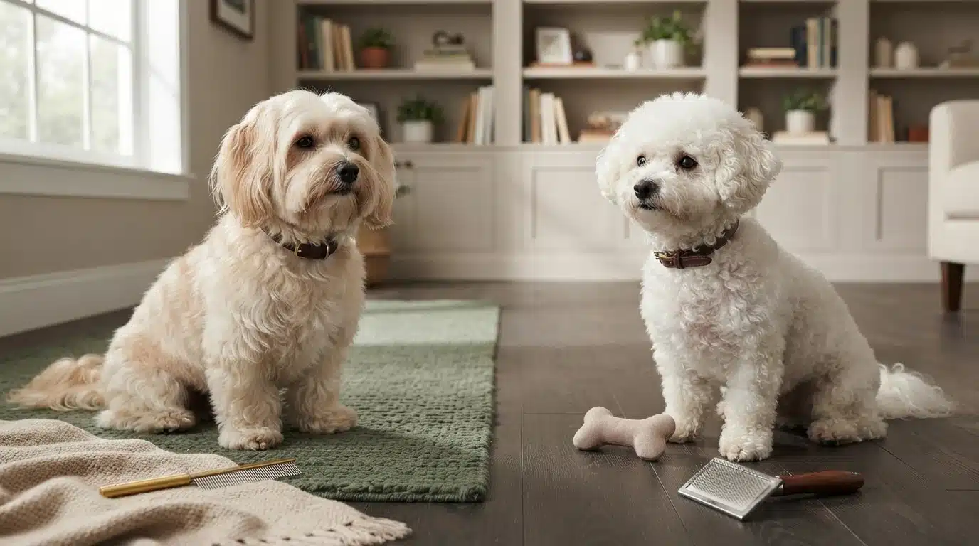 A fluffy Havanese dog with light tan fur sits on a green rug, while a white Bichon Frise dog sits on a wooden floor with a bone toy and grooming tools nearby. Both dogs are comparing their personalities and care needs.