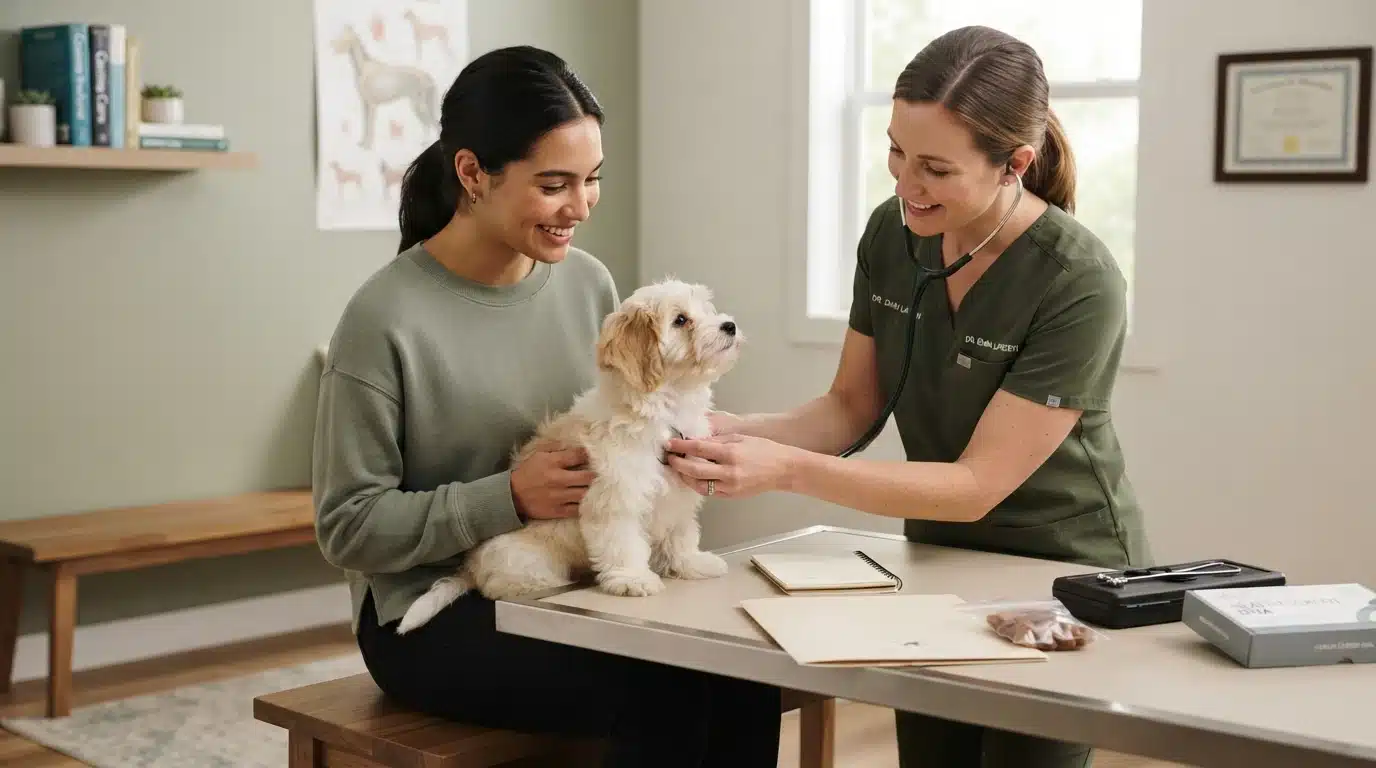 A woman holds a cream-colored puppy on an exam table while a person in green scrubs uses a stethoscope.